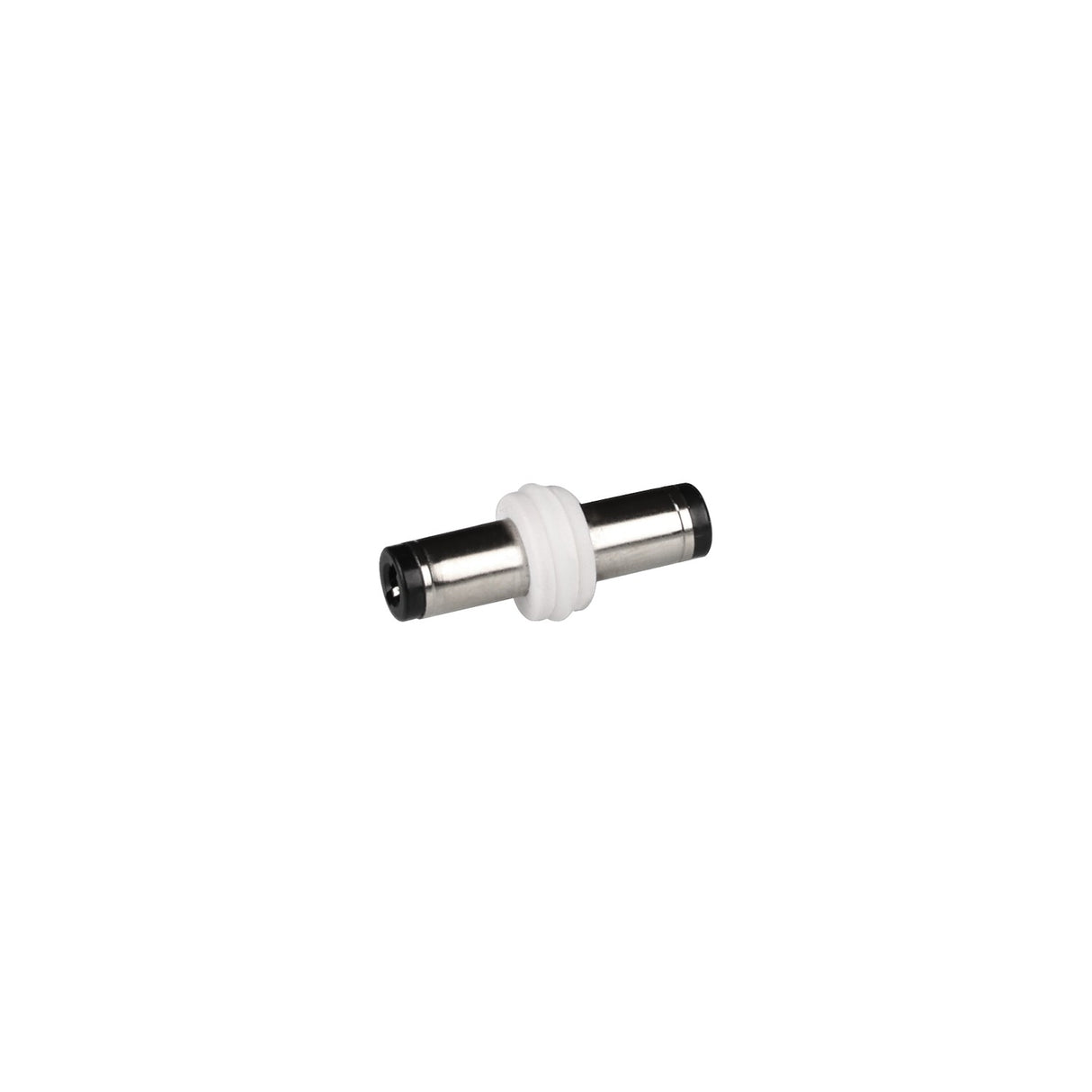 A compact, cylindrical metal Direct Connector for FLX Stix CDV with a central white ring, suitable for joining tubes or pipes in refrigerator lighting, shown against a plain white background.