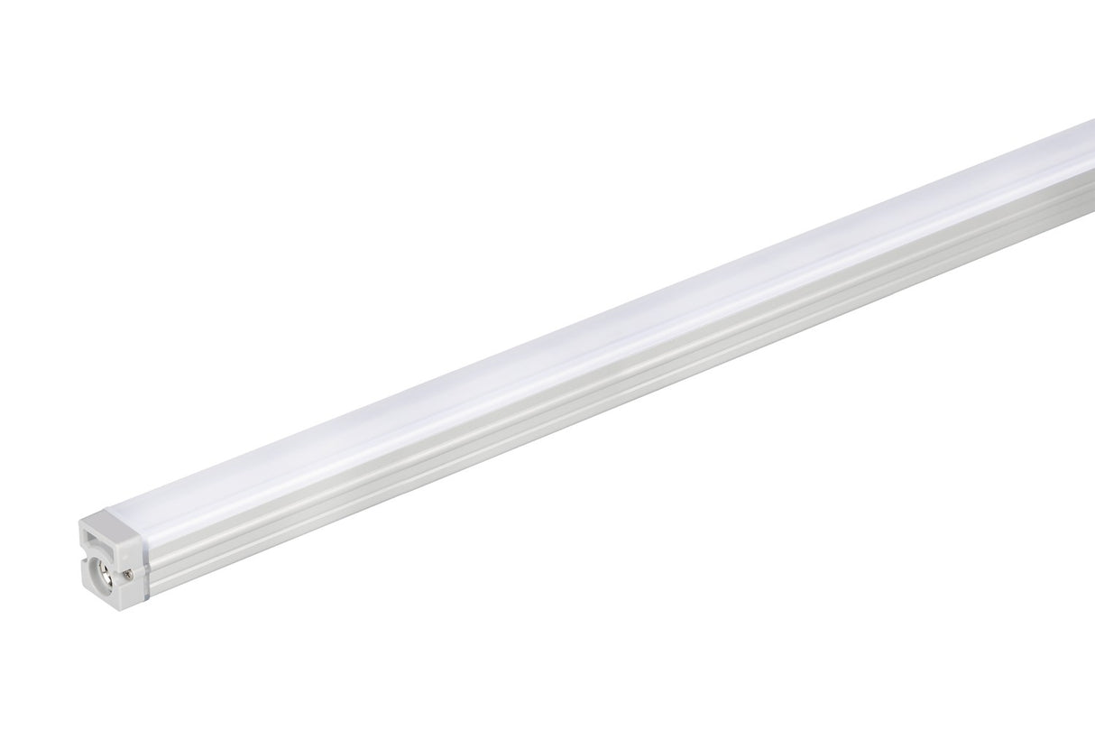 The FLX Stix CDV Series is a white commercial refrigerator lighting LED system with a frosted cover and metallic end caps, ideal for indoor fixtures such as cooler or freezer lights.