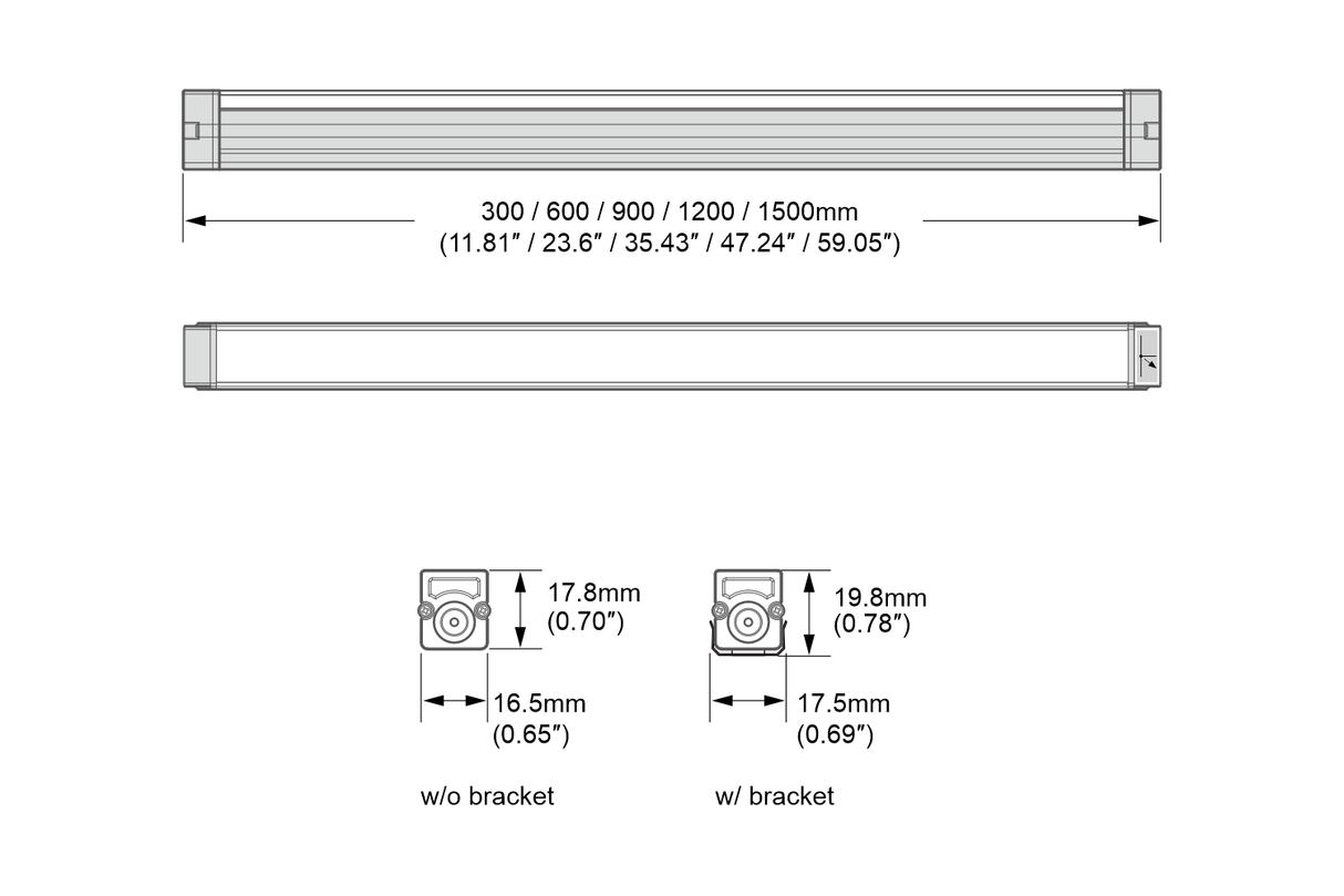 Technical drawing of the FLX Stix CDV Series Commercial Refrigerator Lighting LED System, showing front, side, and end views in lengths from 300mm to 1500mm, with installation dimensions for use with or without mounting brackets.