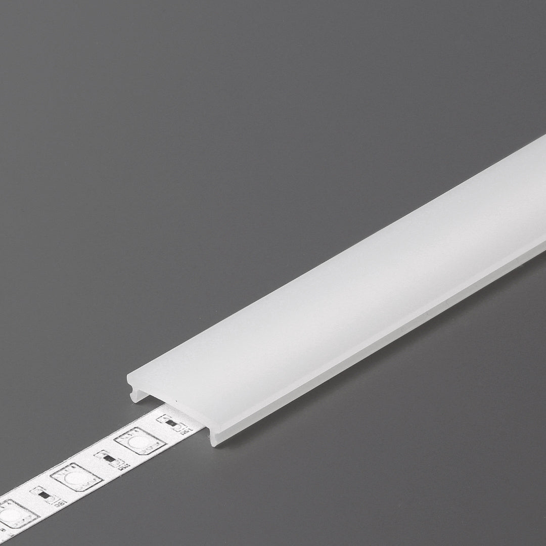 The LED Channel Cover ~ F Click, a frosted plastic LED channel, holds a partially inserted white LED strip on a plain gray surface.