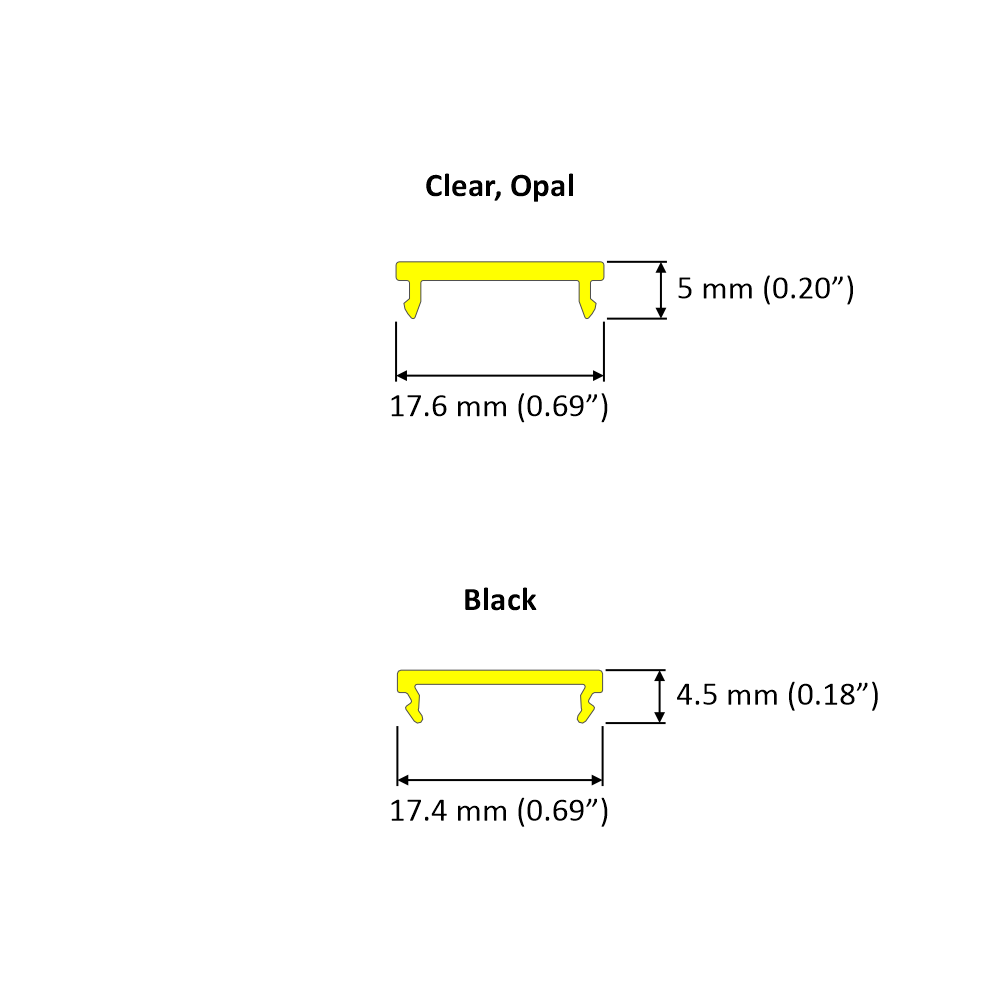 Two cross-sectional diagrams of the LED Channel Cover ~ F Click in “Clear, Opal” (17.6 mm wide, 5 mm tall) and “Black” (17.4 mm wide, 4.5 mm tall) are shown, both parts highlighted in yellow.