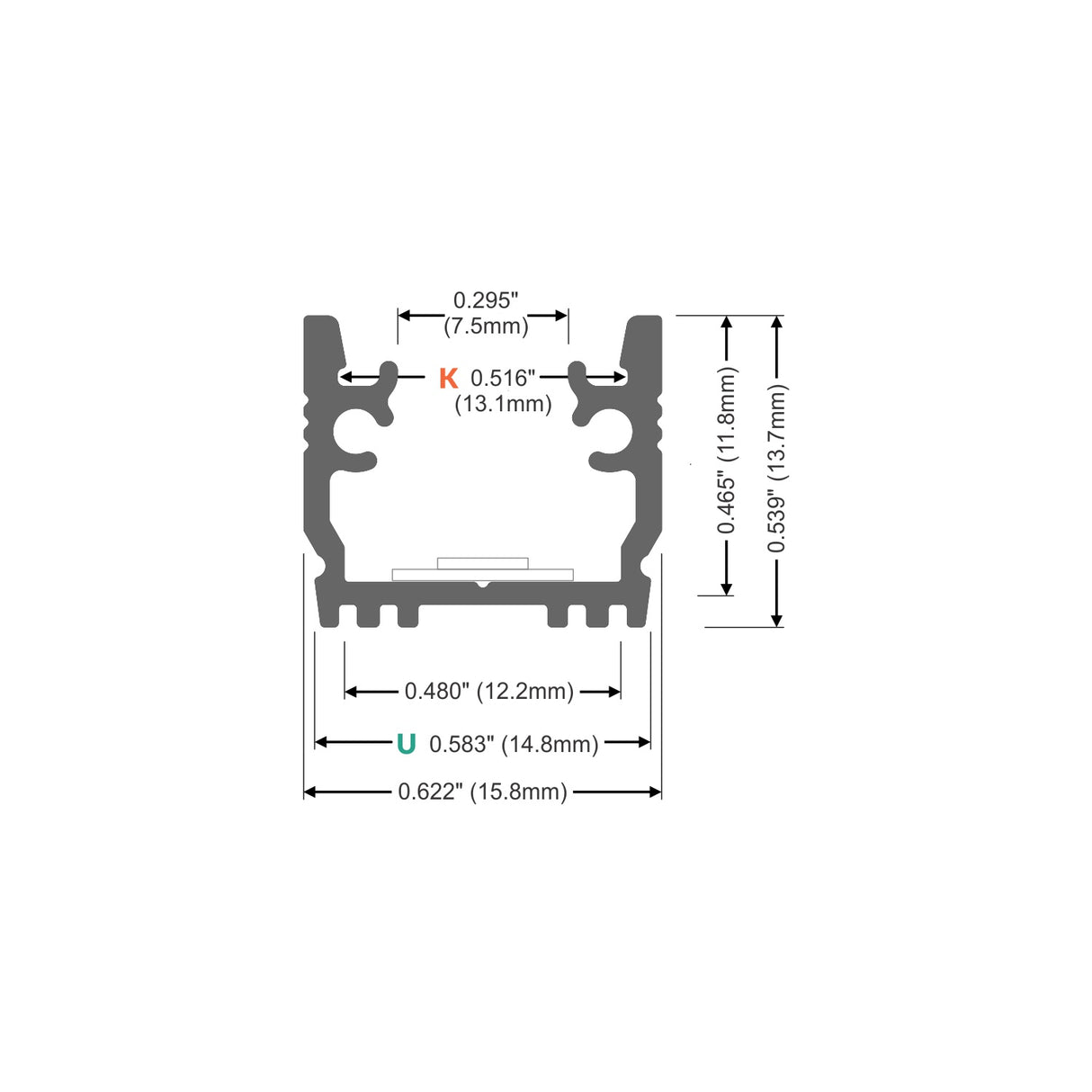 Cross-sectional diagram of the Recessed Walk-Over LED Channel for Tiled Floors (Model Floor12), showing labeled widths: 0.516 (13.1mm), 0.583 (14.8mm), 0.622 (15.8mm) and heights: 0.465 (11.8mm), 0.539 (13.7mm).