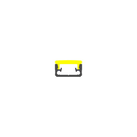 The Recessed Walk-Over LED Channel for Tiled Floors (Model Floor8) features a centered black and yellow geometric design on white, resembling a rounded rectangular extrusion with subtle notches and hooks along the lower edge.
