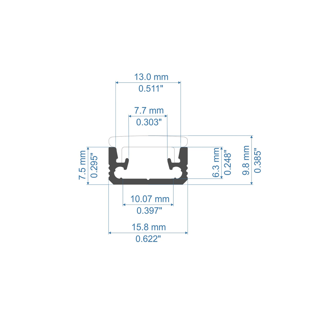 Technical drawing of the Recessed Walk-Over LED Channel for Tiled Floors (Model Floor8) cross-section with labeled dimensions in mm and inches, showing symmetrical widths and heights for precise installation.