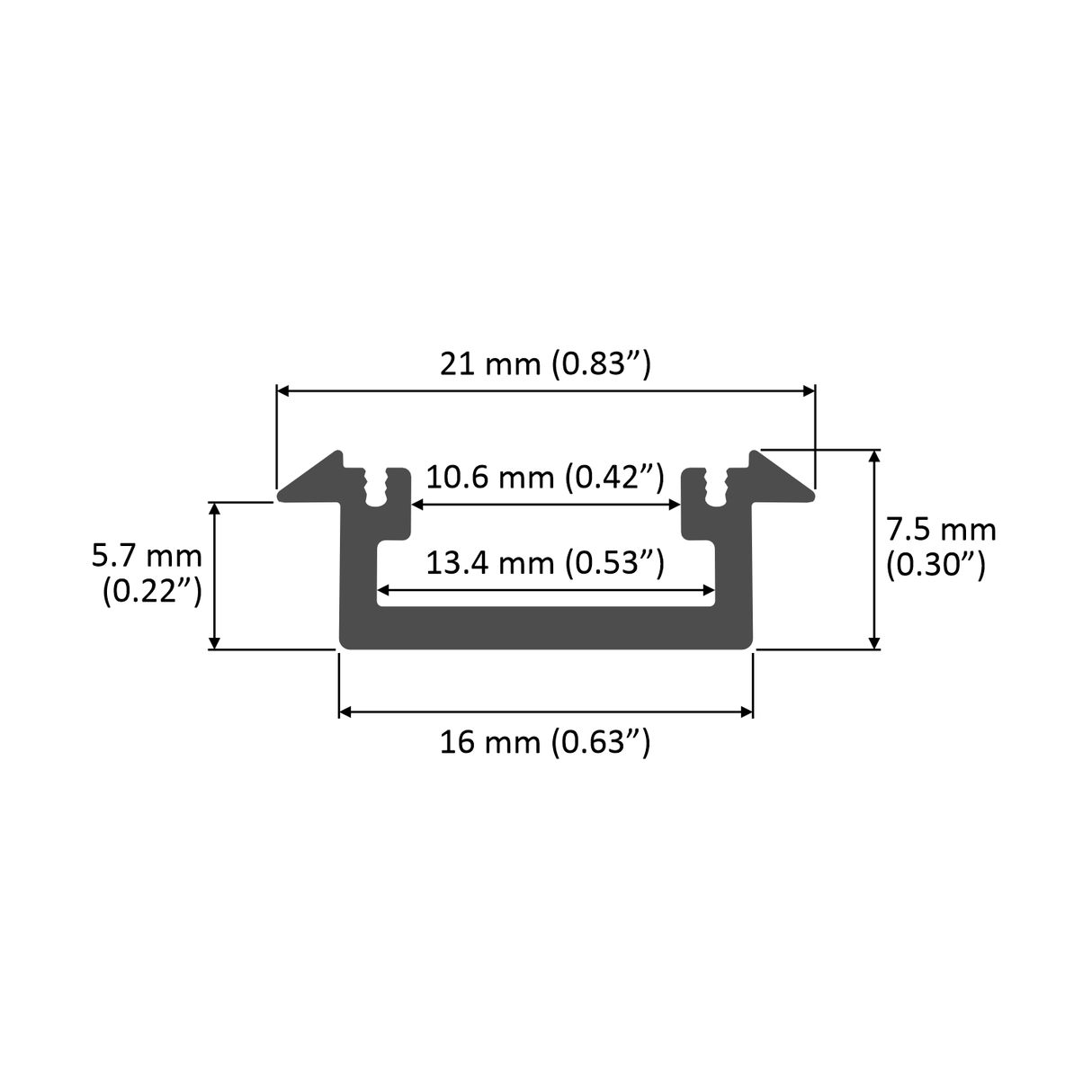 Cross-sectional diagram of the 0.53 Small Recessed LED Channel (Model Frankfurt) with aluminum finish, showing labeled dimensions: width 21 mm, inner widths 10.6 mm & 13.4 mm, height 7.5 mm, and lower height 5.7 mm.