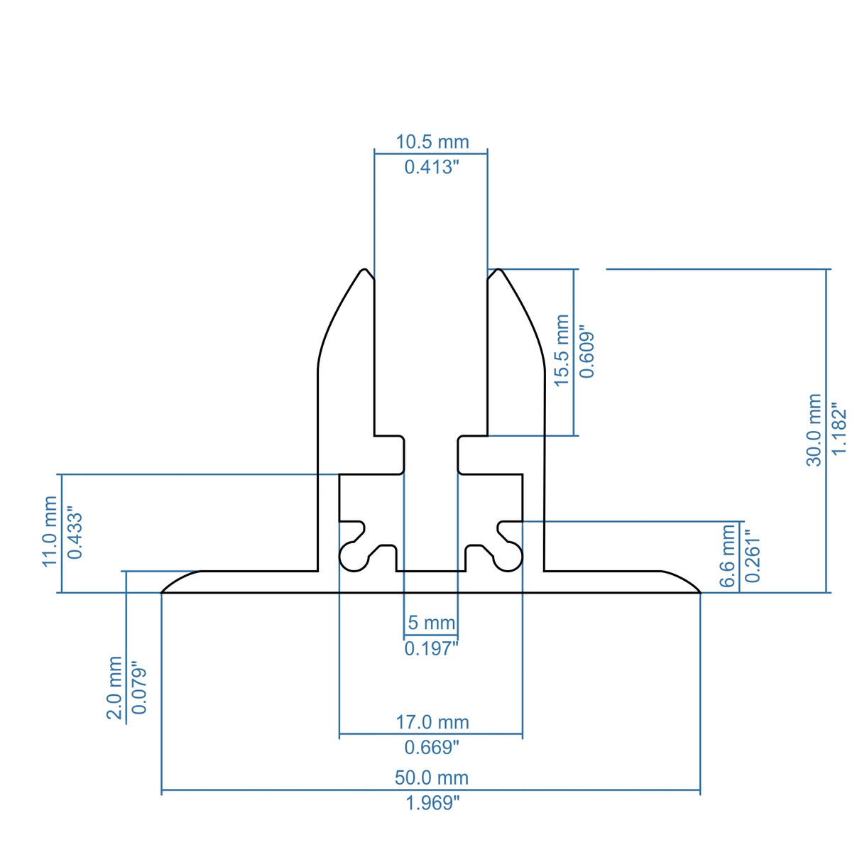 Technical drawing of the Edge-Lit LED Profile for Shelves and Signage ~ Model Ginebra, showing a cross-section with widths, heights, and gaps in mm and inches, annotated with blue dimension lines and text.