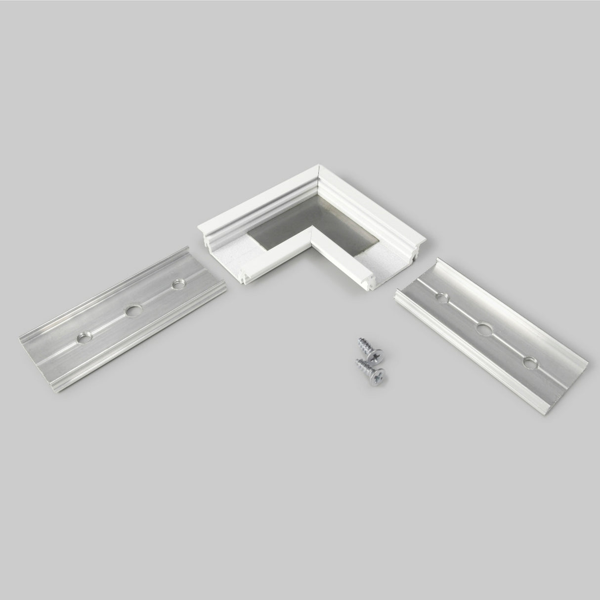 Three 90 Degree Corner Connectors for Groove14 Profile and two screws are displayed on a light gray background, with the connectors arranged to illustrate their right-angle assembly.