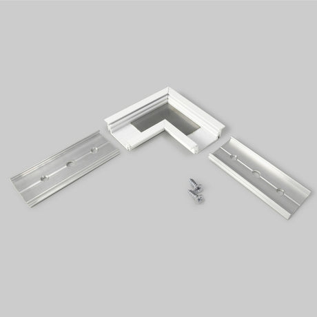 Three 90 Degree Corner Connectors for Groove14 Profile and two screws are displayed on a light gray background, with the connectors arranged to illustrate their right-angle assembly.