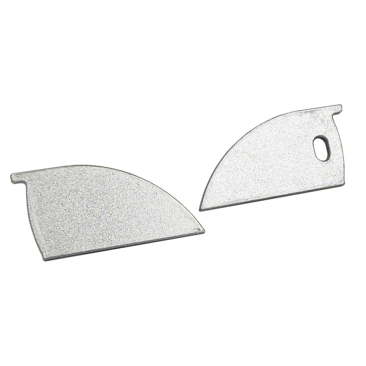 Two thin, silver, curved aluminum end caps with a textured finish—one features a small oval hole near the edge and a side tab; the other lacks the hole. Designed for use with Galicia Profile. Product: End Cap for Galicia Profile.