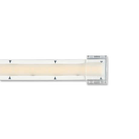 A close-up of the Waterproof End Cap for Glow67 LED Strip shows its transparent design and rectangular connector at the end, set against a black background with small black arrows marked along the strip.