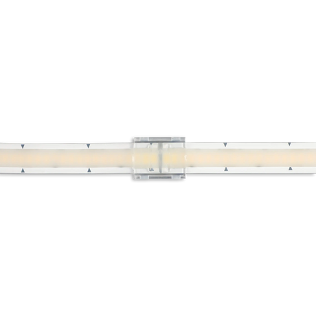 A close-up of a Glow67 Pro Series LED Strip Light Connector joining two white LED light strips with black arrow markings, set against a black background.