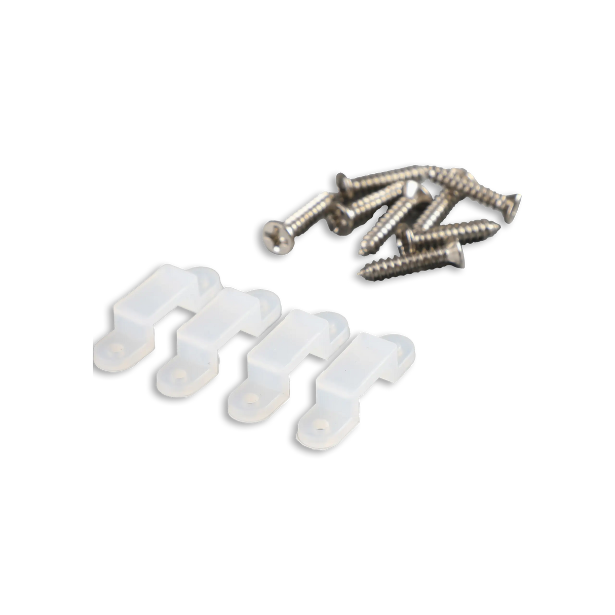 Four small translucent plastic Mounting Clips for Glow67 LED Strip and six silver screws are arranged on a black background—ideal for secure installation.