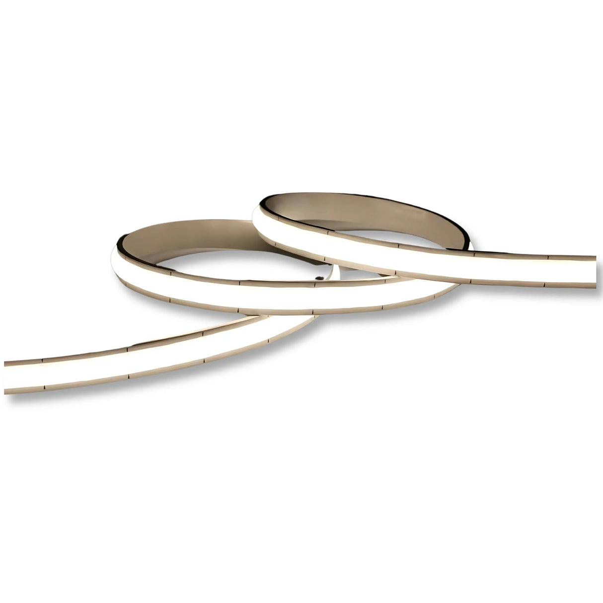 The Flexible Dot-less High Power COB IP67 LED Strip (24V) ~ Glow67 Pro Series is shown coiled in loose loops, emitting a soft white glow. This flat, smooth strip features visible segments and delivers reliable illumination.