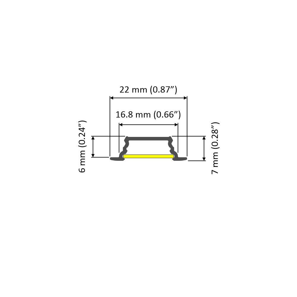 Technical drawing of a cross-section showing dimensions: width 22 mm (0.87″), inner width 16.8 mm (0.66″), height 6 mm (0.24″) on one side and 7 mm (0.28″) on the other—ideal for use as the Groove10.v2, a 0.42″ Recessed LED Channel, in furniture lighting applications.