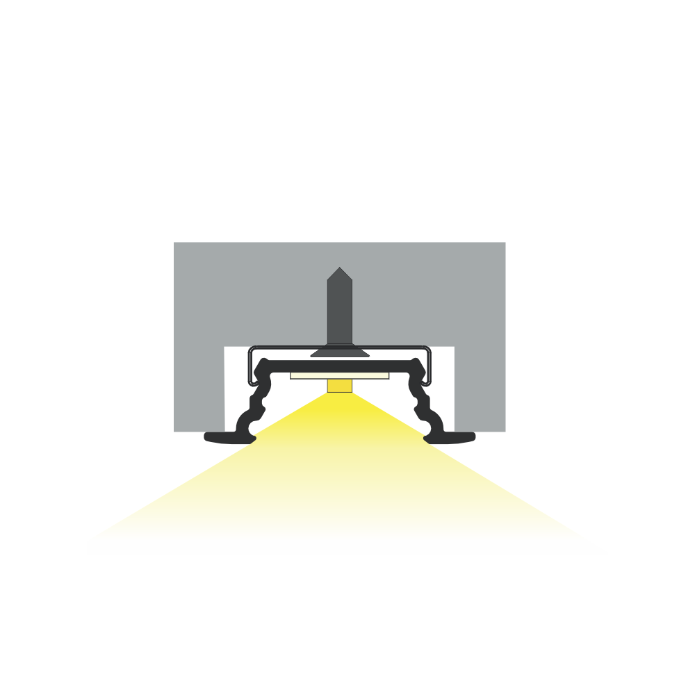 Illustration of the 0.42″ Recessed LED Channel ~ Model Groove10.v2 integrated into a ceiling, emitting a beam of yellow light downward—an ideal solution for subtle furniture lighting.