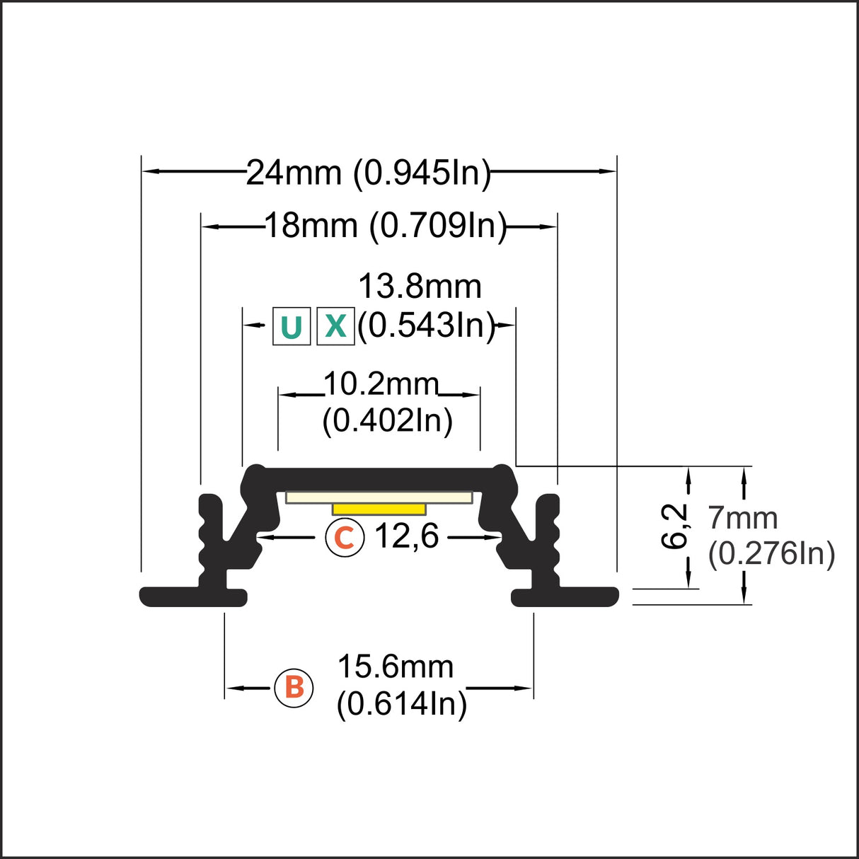 Technical drawing of the 0.39 Recessed LED Channel (Model Groove10), cross-sectional view with labeled dimensions A, B, and C in millimeters and inches, details shown using arrows and lines.