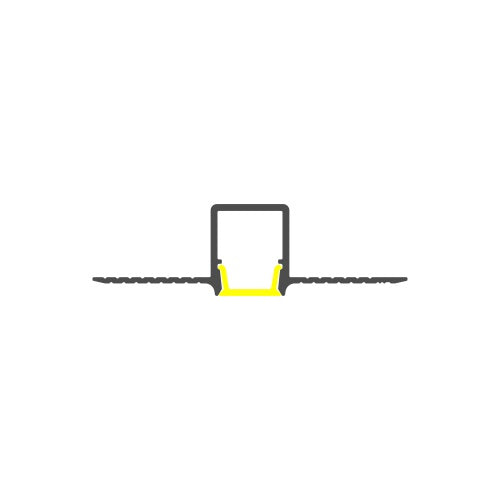 Simple vector diagram of the 0.39 Plasterboard Trimless LED Channel (Model Hide10), showing a U-shaped central section in black, highlighted yellow to indicate a continuous light line, and extending horizontally on both sides.