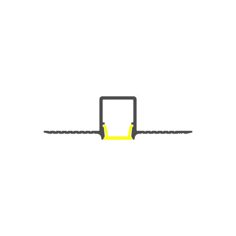 Simple vector diagram of the 0.39 Plasterboard Trimless LED Channel (Model Hide10), showing a U-shaped central section in black, highlighted yellow to indicate a continuous light line, and extending horizontally on both sides.