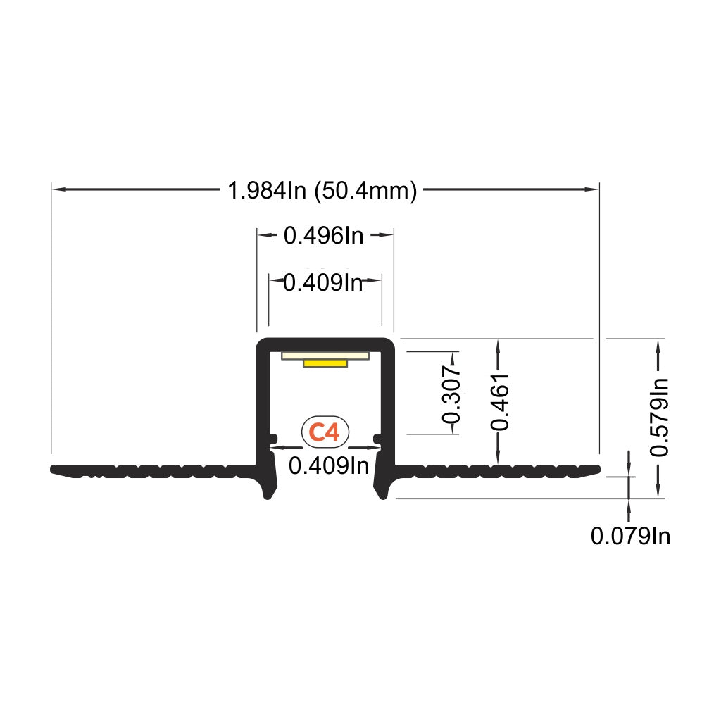 Technical drawing of the 0.39 Plasterboard Trimless LED Channel, Model Hide10, showing detailed cross-section dimensions: width 1.984 in (50.4 mm), center channel 0.409 in wide, with various height and thickness measurements.