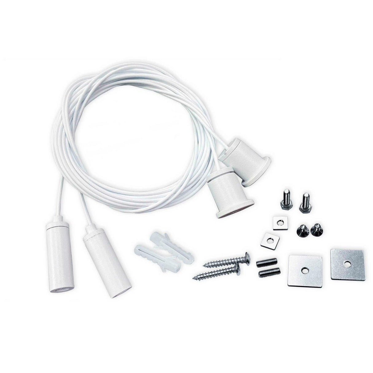 The Universal Hanging Kit includes white wires with cylindrical connectors, two wall anchors, two screws, metal bolts with nuts, and four square plates—perfect for hanging LED diffuser profiles or channels—displayed on a white background.