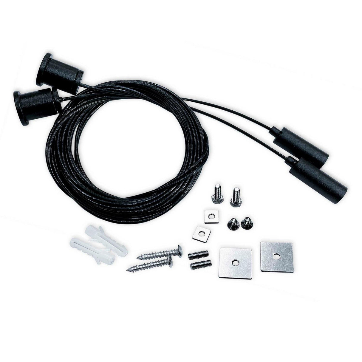The Universal Hanging Kit, featuring black cables with cylindrical ends, silver metal mounting plates, screws, wall plugs, bolts, and washers—perfect for installing LED channels or diffuser profiles—is arranged on a white background.