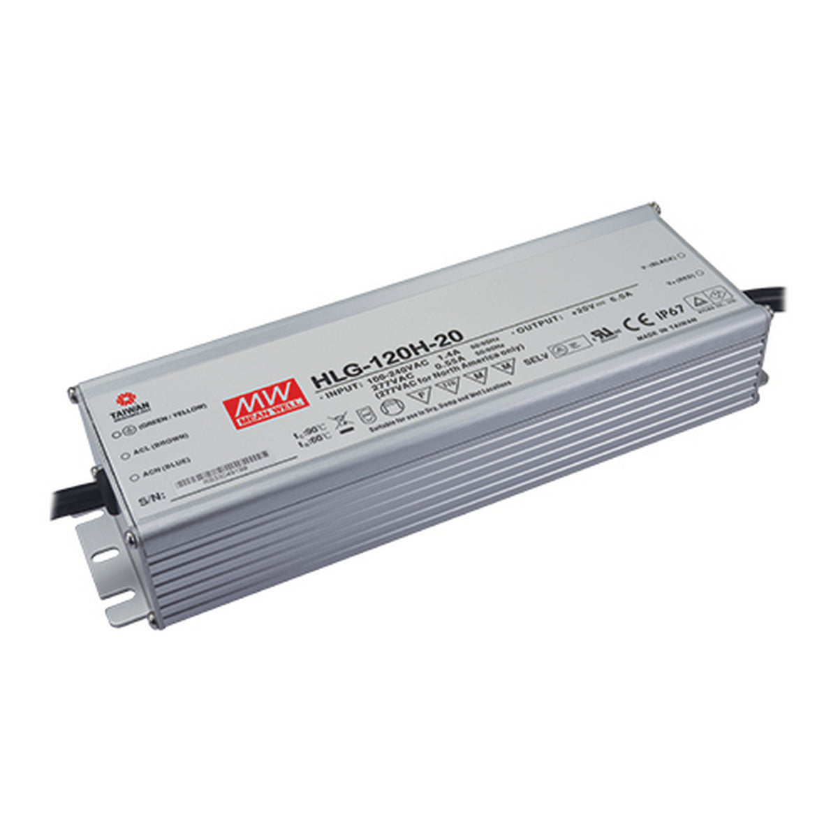 The Meanwell HLG Series Indoor/Outdoor LED Driver (24V) features a rectangular silver body, high efficiency, IP67/IP65 protection, multiple safety certifications, fins for cooling, and black cables on each end.