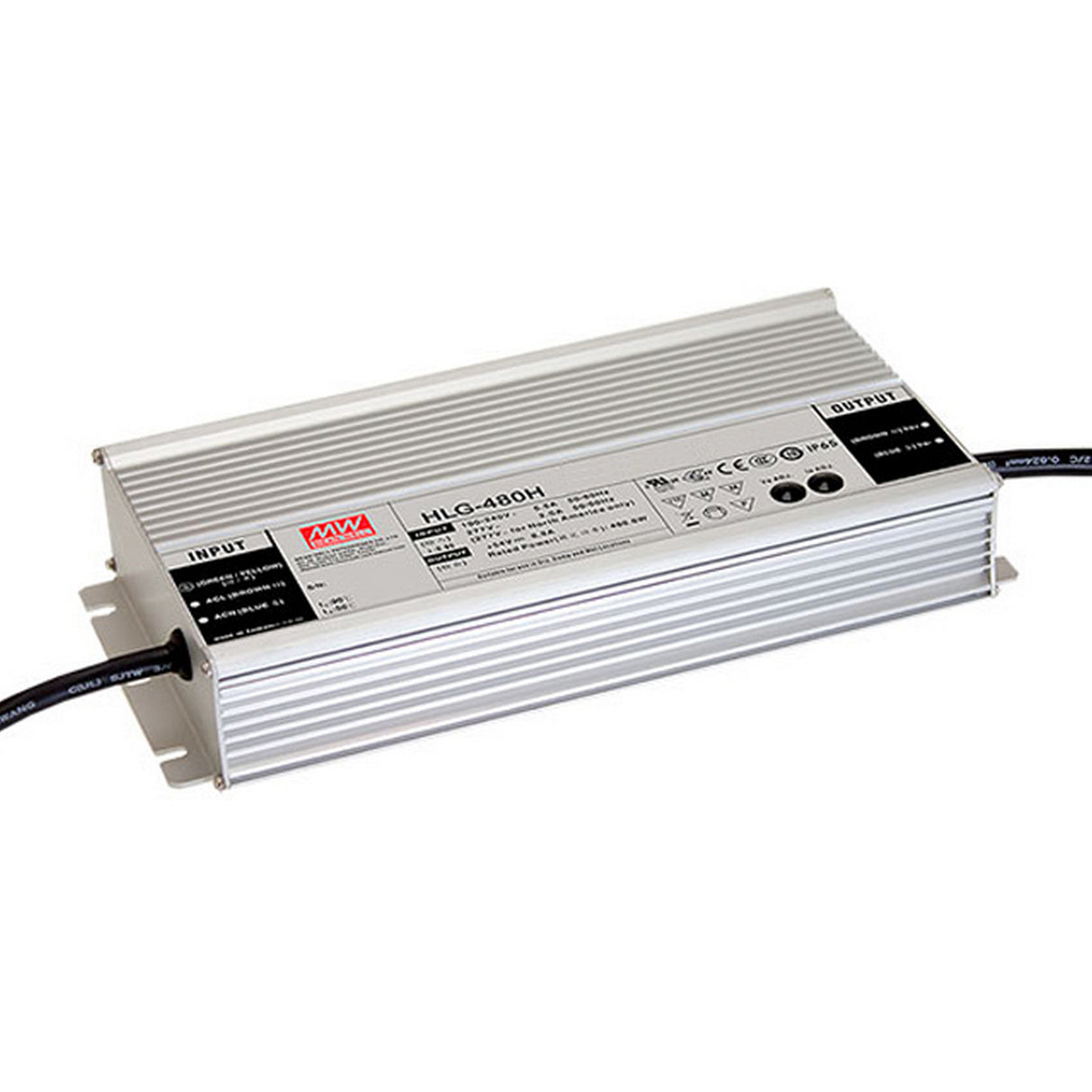 The Meanwell HLG Series Indoor/Outdoor 24V LED Driver is a high-efficiency, rectangular unit with finned sides, IP67/IP65 protection, input/output cables on each end, and technical specs on the top panel.