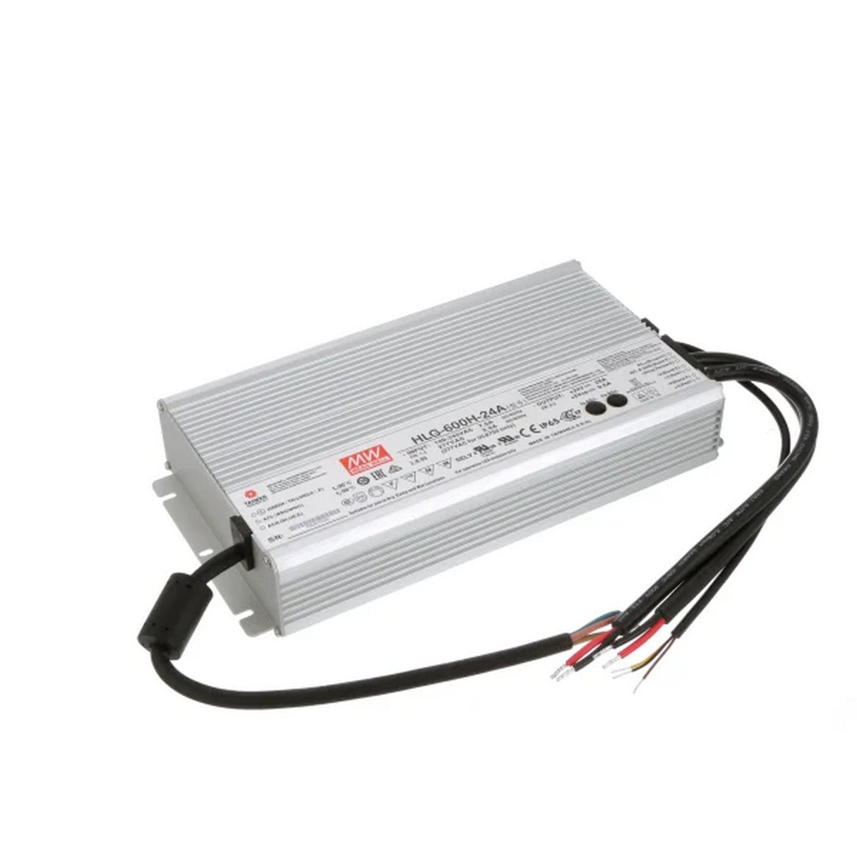 The Meanwell HLG Series Indoor/Outdoor LED Driver (24V) is a rectangular, silver-colored unit with ribbed sides, high efficiency, IP67/IP65 protection, multiple certifications, and black wires with colored ends for easy installation.