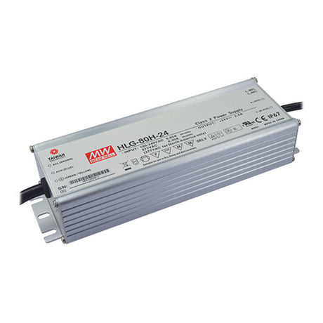 The Indoor / Outdoor LED Driver (24V) ~ Meanwell HLG Series is a rectangular, high-efficiency unit with a silver metal casing, visible labels, black cables at both ends, and IP67/IP65 ingress protection.