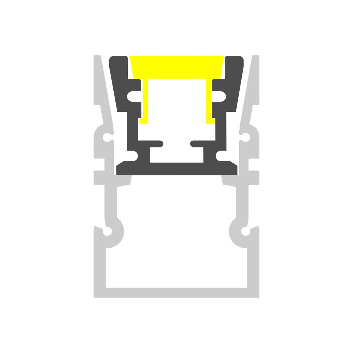 A simple cross-section of the Klus HR-MAX Indoor-Outdoor Driveway Lighting Channel System, with black, gray, and yellow geometric segments on a white background—ideal for illustrating LED lighting or outdoor lighting concepts.