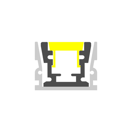 A simplified cross-section shows the Klus HR-MAX Indoor-Outdoor Driveway Lighting Channel System: a symmetrical gray and white component with yellow-lit central LED sections, all on a white background.