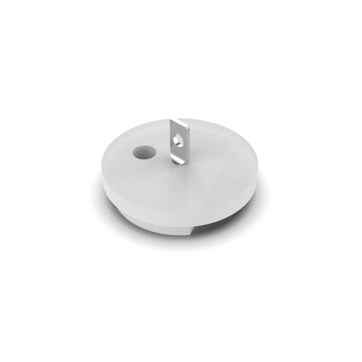 The Vertical Hanging End Cap For Oslo is a white, round, flat end cap with a small vertical metal tab featuring a hole and an extra smaller surface hole, shown on a white background.