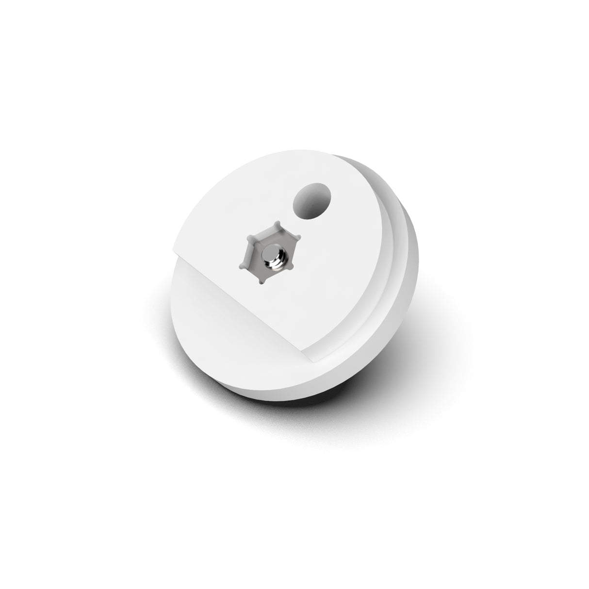 A Vertical Hanging End Cap For Oslo, featuring a white, round plastic design with a central star-shaped metal screw and a small circular hole, is shown on a white background with a subtle shadow beneath.