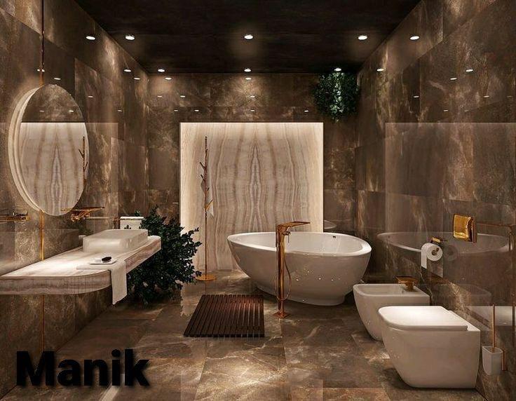 High-end bathroom design with dramatic warm white LED strip lights highlighting textured wall and mirror