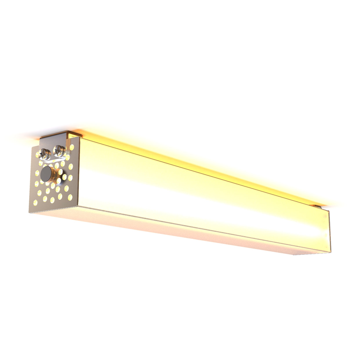 A surface mounting bracket designed for large tube profiles, made with an anodized aluminum end panel with circular holes, suitable for wall installation and providing a warm yellowish glow.