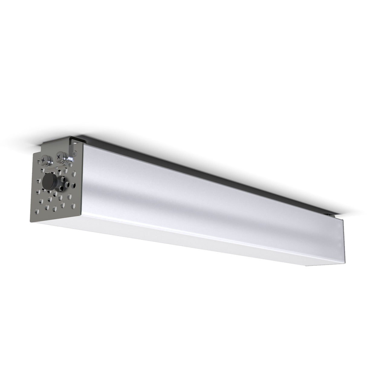 The 2.91 Square Polycarbonate LED Lighting Tube, Model Holston74, features a metallic finish, perforated end panel, and ceiling-mounted rectangular design, displayed against a white background.