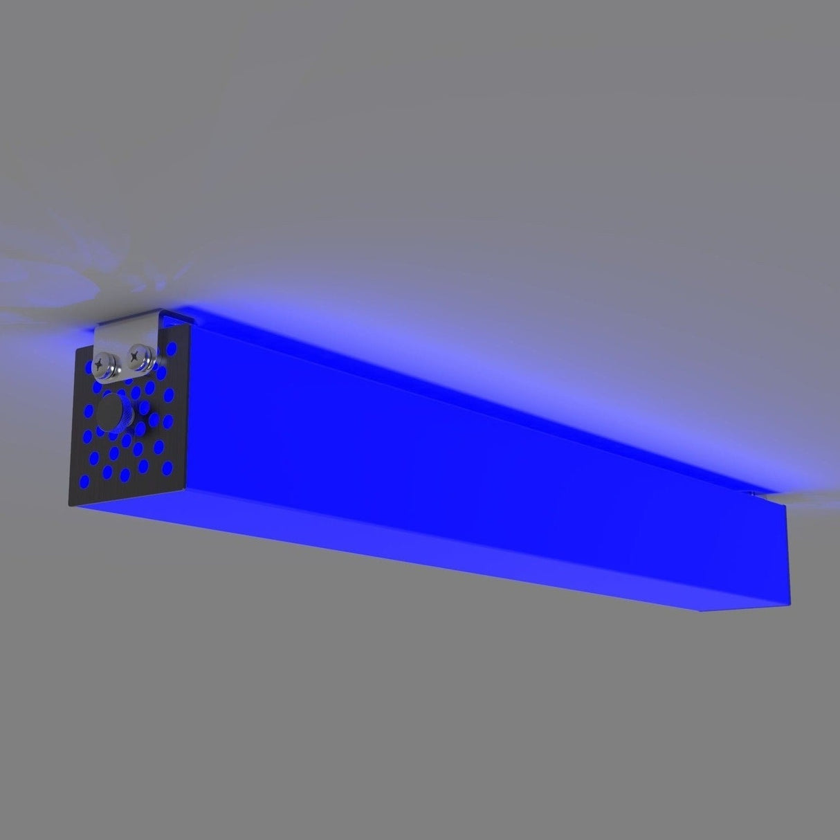 A 2.91 Square Polycarbonate LED Lighting Tube ~ Model Holston74 with a metallic mount and perforated end panel is fixed to a gray ceiling, casting a blue glow onto the surface.