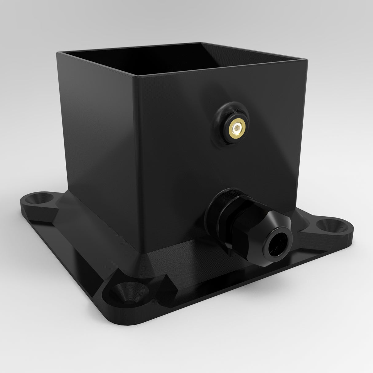 The Plastic Base for Holston74 Profile is a black square enclosure with a flat base and four mounting holes at each corner, ideal for surface mounting applications.