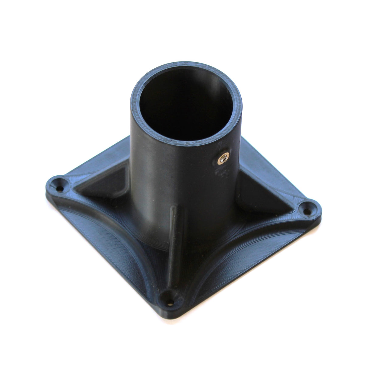 The Plastic Base for 1.50” Round Profiles is a black plastic mounting bracket with a tubular base and cylindrical tube, attached to a square plate featuring four corner screw holes and ribbed supports around the cylinder.