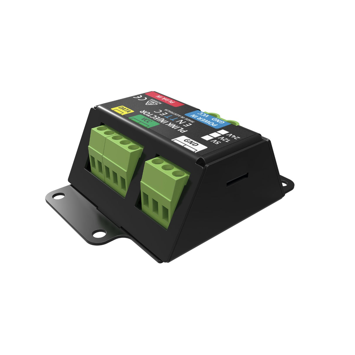 The Enttec PLink to SPI Pixel Converter, a compact black module from the Pixelator Series, features two green terminal blocks and labeled stickers on top, mounted on a metal base—ideal for controlling LED pixel strips.