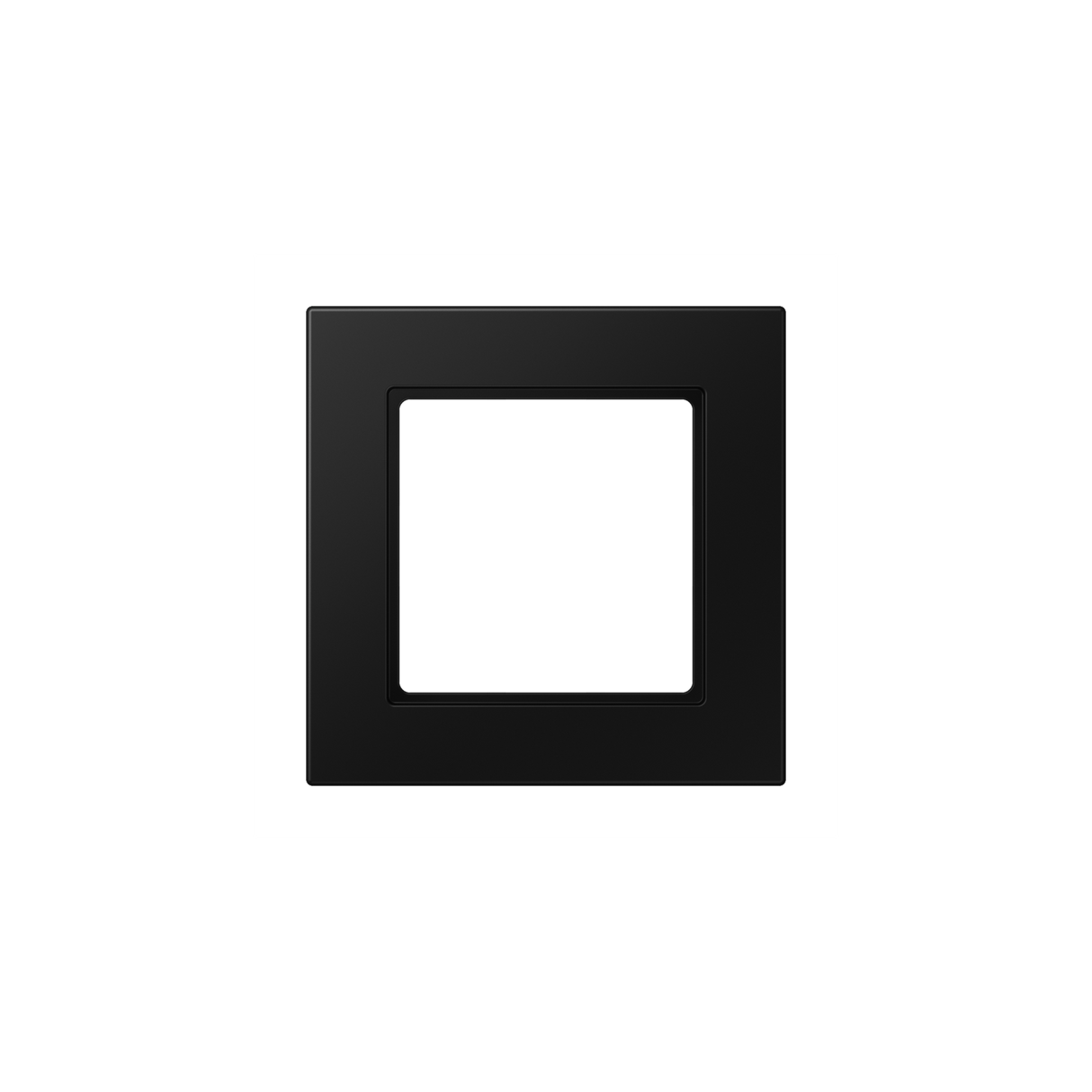 The Thermoplastic 1‑Gang Surface Mount Cap ~ Model A 5581 BF A is a black frame with a recessed center, made from quality thermoplastic. Its minimal, modern look suits contemporary interiors and contrasts well against white surfaces.