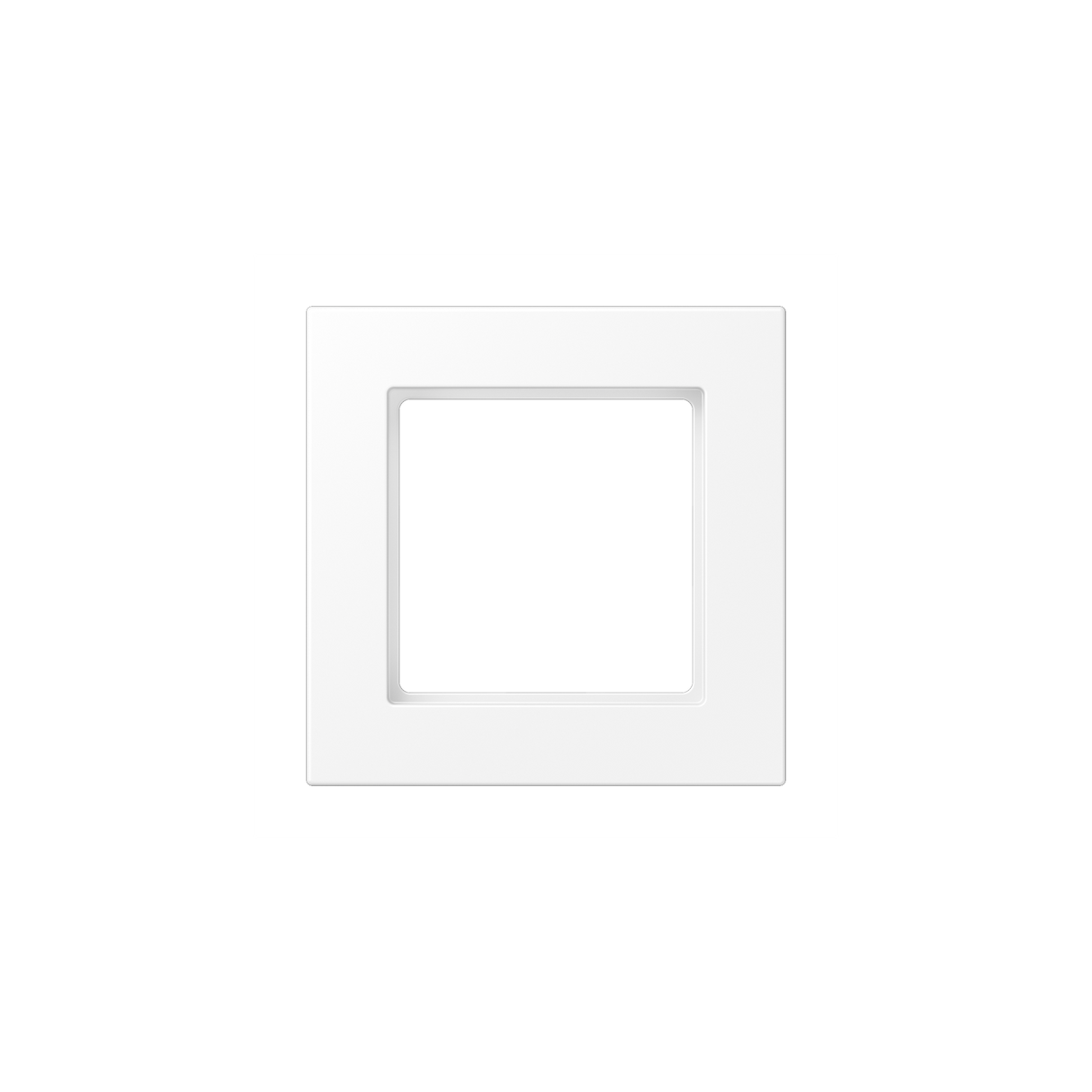 The Thermoplastic 1‑Gang Surface Mount Cap (Model A 5581 BF A) is a white square frame with a central transparent section, designed for surface mounting against plain white surfaces.