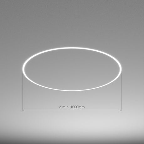 A glowing circular KOZMA-BD LED lighting fixture is mounted on the plain gray ceiling, with a label below showing a minimum diameter of 1000 mm.