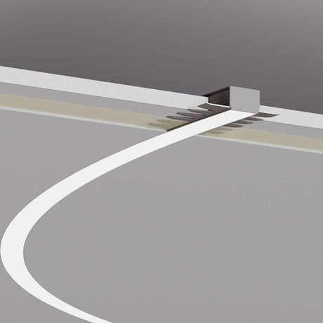 A white curved line leads to a 1.05 Bendable Drywall LED Lighting Channel ~ Model Klus KOZUS-BD, a small gray box on a gray wall, forming a minimalist, abstract composition with soft shadows and muted tones.