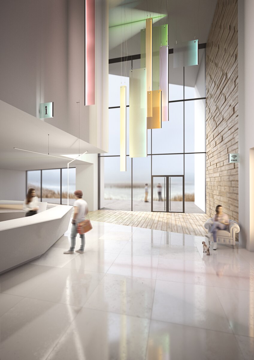 A modern lobby with high ceilings featuring Klus KRAV-05IN edge-lit LED extrusion on 1/2 glass panels, colorful lighting, large windows, a stone accent wall, and a sleek reception desk. People walk and sit as a small dog rests beside someone.