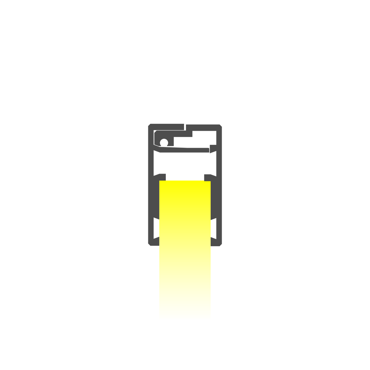 A black and white illustration of the Edge-lit LED Extrusion for 1/2 Glass Panels (Model Klus KRAV-05IN) features edge illumination with a yellow beam extending downward, set against a plain white background.
