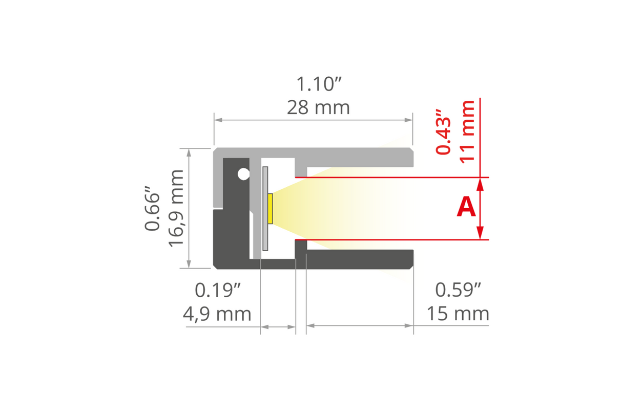 Technical diagram of the Klus KRAV-05IN Edge-lit LED Extrusion for 1/2 glass panels with labeled dimensions: 28 mm width, 16.9 mm height, 4.9 mm gap, and 15 mm depth—ideal for LED profiles or edge illumination.