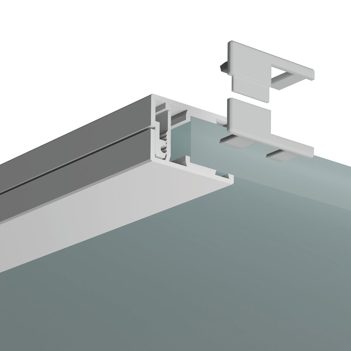 A close-up view of the End Cap for KRAV-05IN Profile attached to a ceiling track, with a mounting clip and translucent panel partially inserted, demonstrating lighting fixture installation on a white background.
