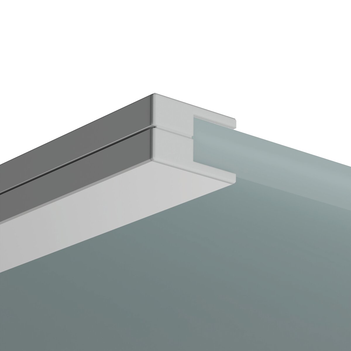 Close-up of a frosted glass panel in a sleek silver KRAV-05IN profile, finished with an End Cap for KRAV-05IN Profile—ideal for glass partitions or doors, offering a seamless and polished appearance.