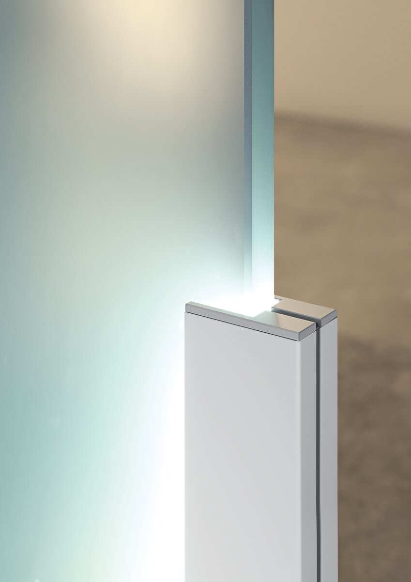 A close-up of a frosted 1/2 glass panel in the Klus KRAV-05IN edge-lit LED extrusion, highlighting soft edge illumination for a minimalistic, contemporary style.